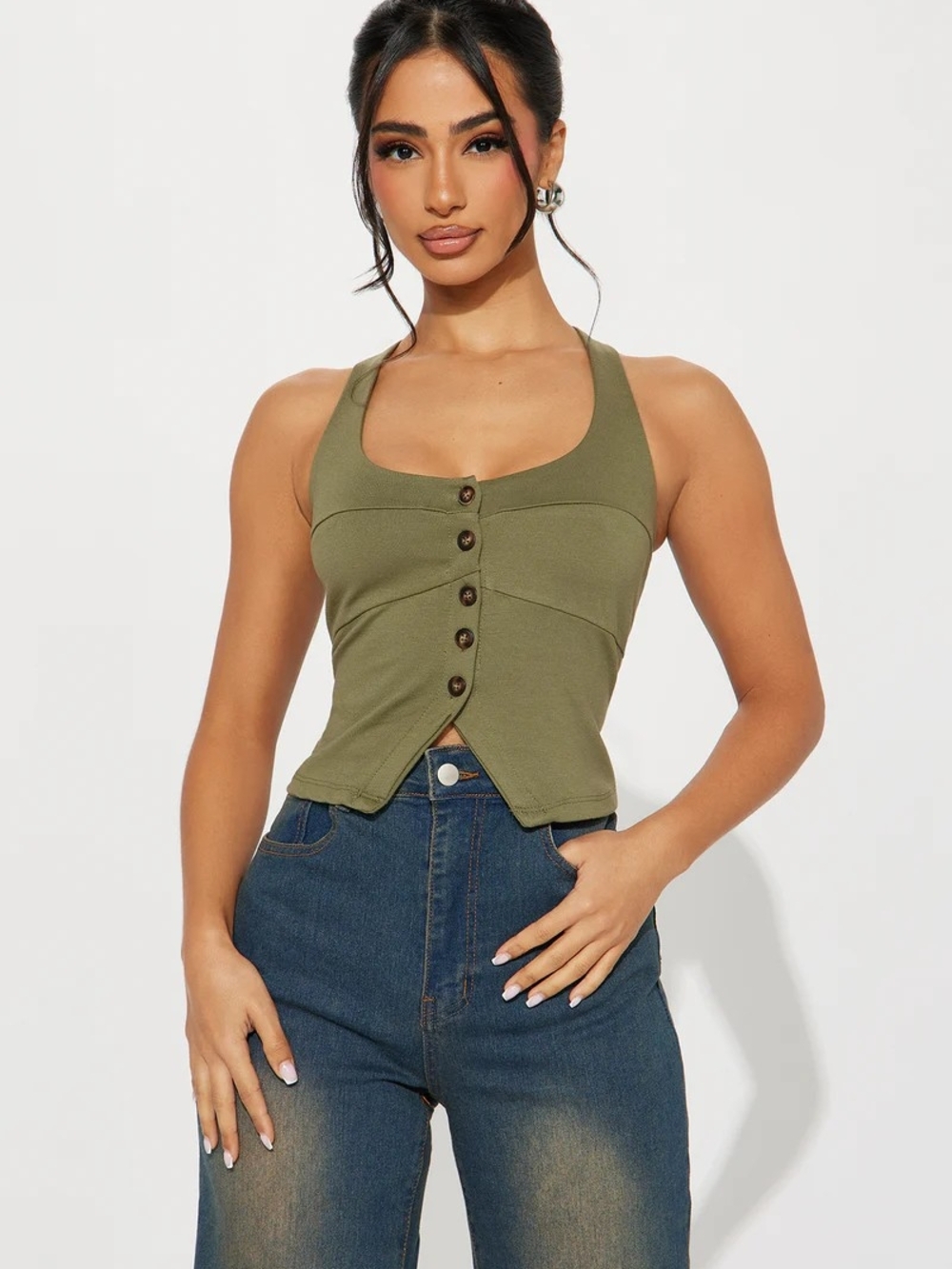 Fashion Nova Olive Green Button-Front Racerback Tank